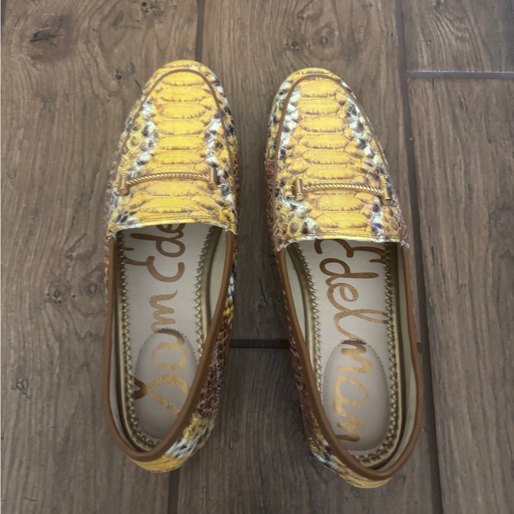 Sam Edelman Yellow and Brown Snake Print Leather Flats